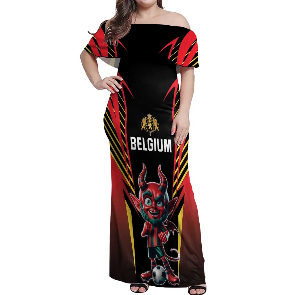 Custom Belgium Football Off Shoulder Maxi Dress Les Diables rouges Devil Mascot