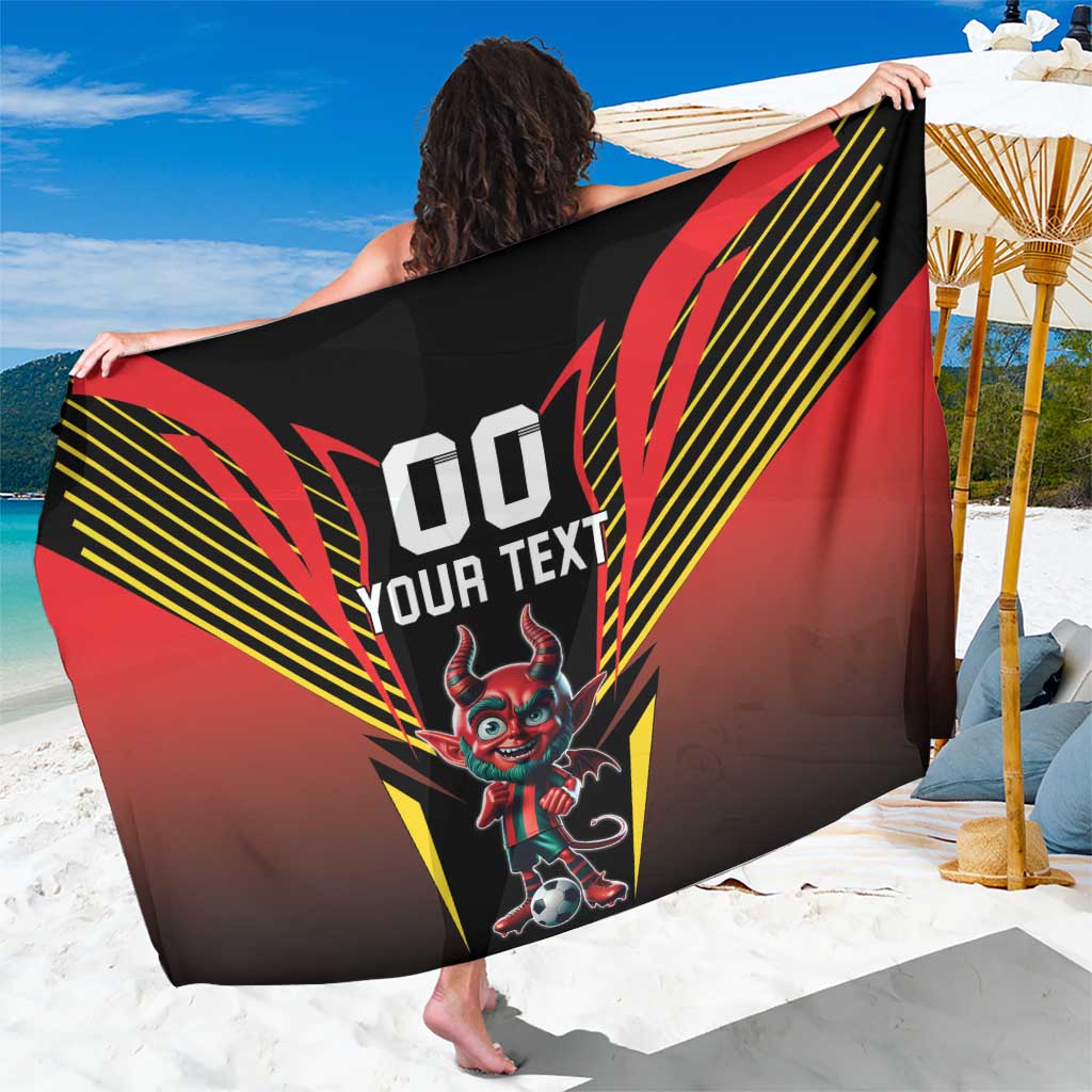 Black and red football sarong with devil mascot graphic and bold 'YOUR TEXT' print