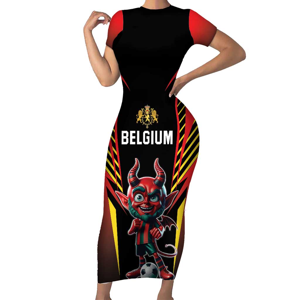 Custom Belgium Football Short Sleeve Bodycon Dress Les Diables rouges Devil Mascot