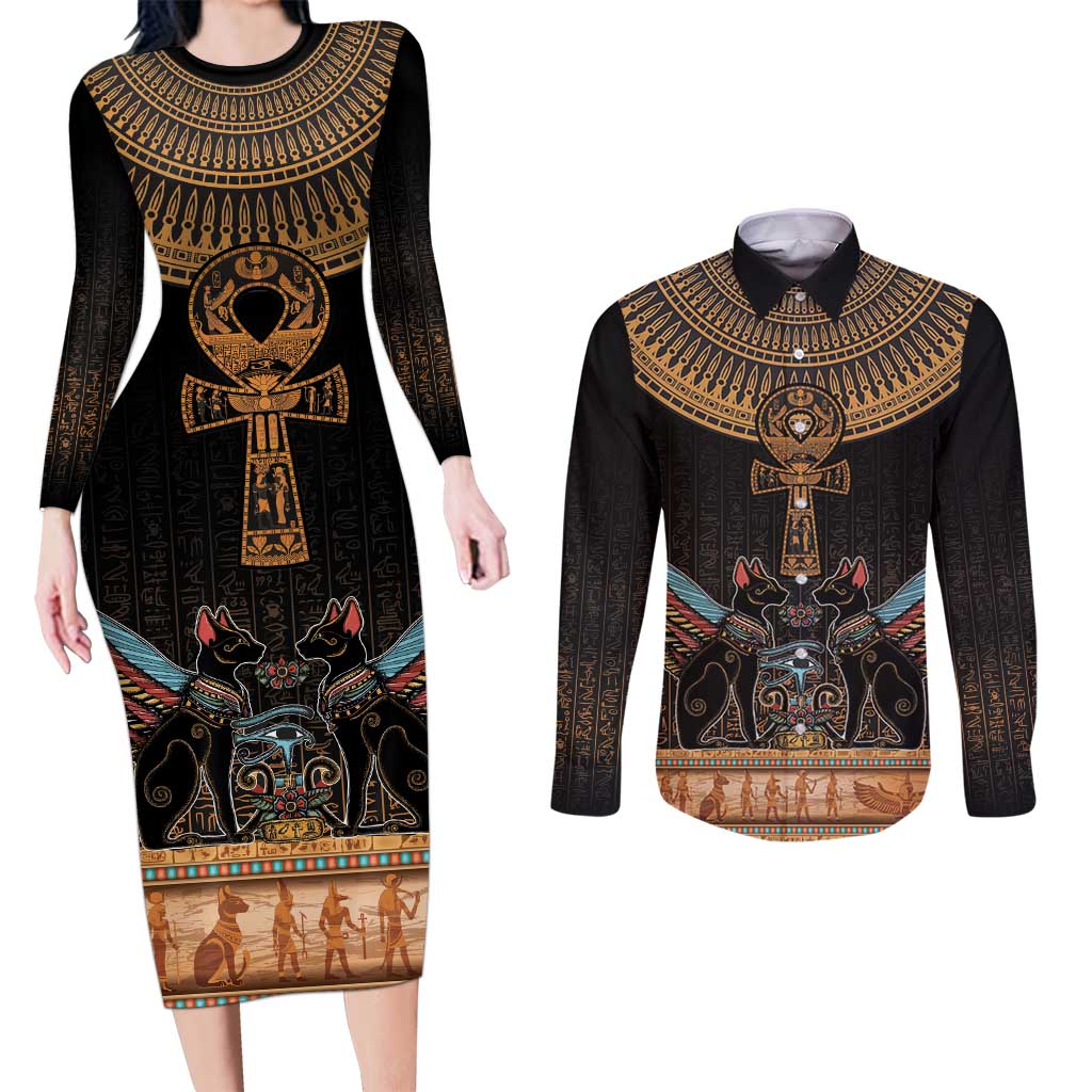 Ankh Egypt Couples Matching Long Sleeve Bodycon Dress and Long Sleeve Button Shirt Ankh Egyptian Hieroglyphs Alphabet