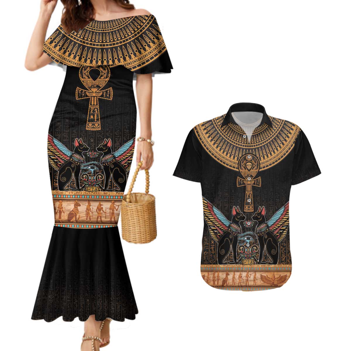 Ankh Egypt Couples Matching Mermaid Dress and Hawaiian Shirt Ankh Egyptian Hieroglyphs Alphabet