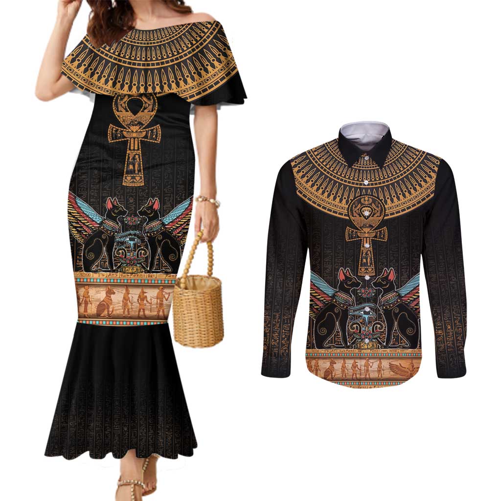 Ankh Egypt Couples Matching Mermaid Dress and Long Sleeve Button Shirt Ankh Egyptian Hieroglyphs Alphabet