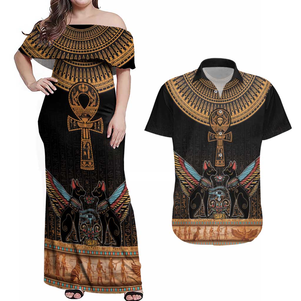 Ankh Egypt Couples Matching Off Shoulder Maxi Dress and Hawaiian Shirt Ankh Egyptian Hieroglyphs Alphabet