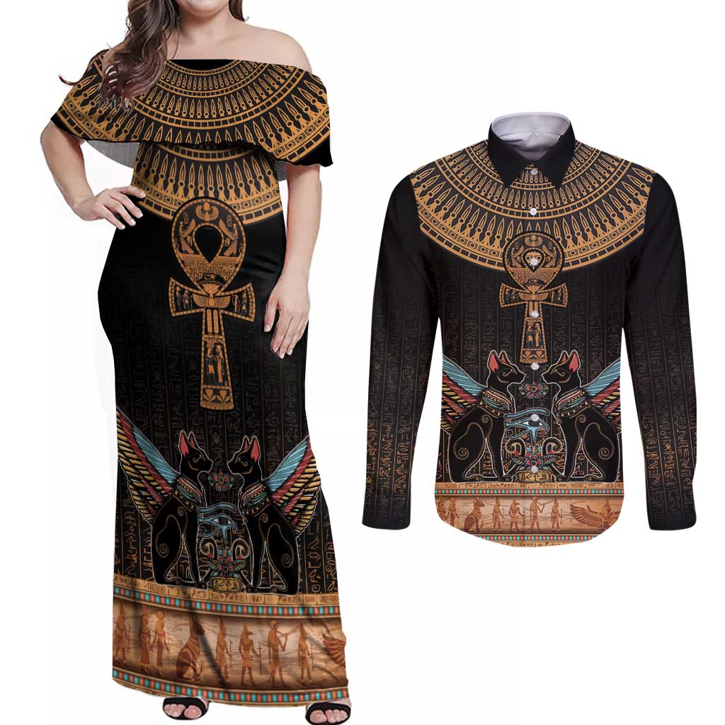 Ankh Egypt Couples Matching Off Shoulder Maxi Dress and Long Sleeve Button Shirt Ankh Egyptian Hieroglyphs Alphabet