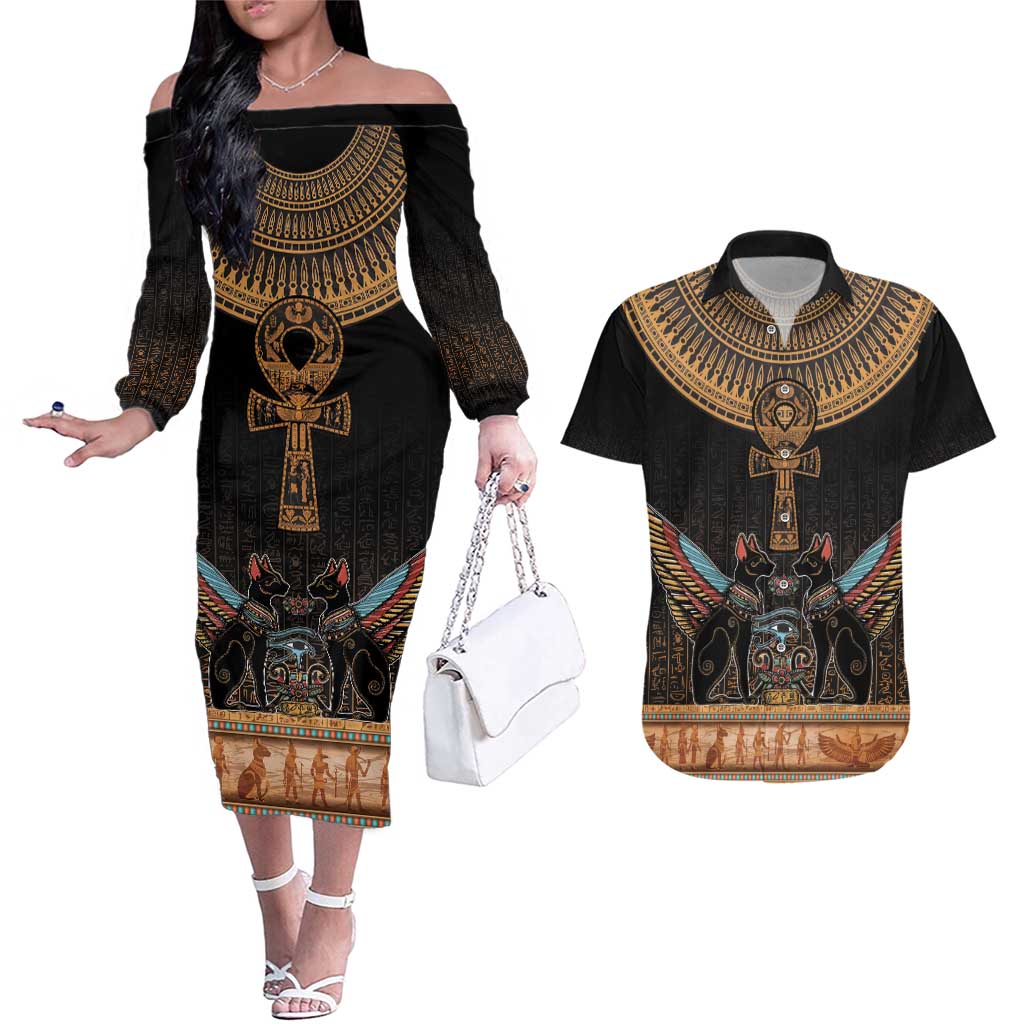 Ankh Egypt Couples Matching Off The Shoulder Long Sleeve Dress and Hawaiian Shirt Ankh Egyptian Hieroglyphs Alphabet