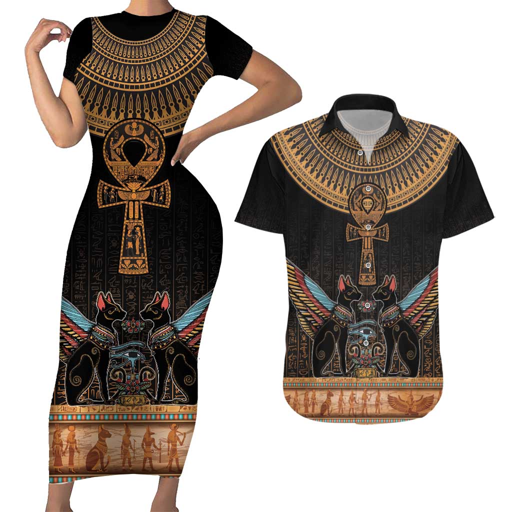 Ankh Egypt Couples Matching Short Sleeve Bodycon Dress and Hawaiian Shirt Ankh Egyptian Hieroglyphs Alphabet