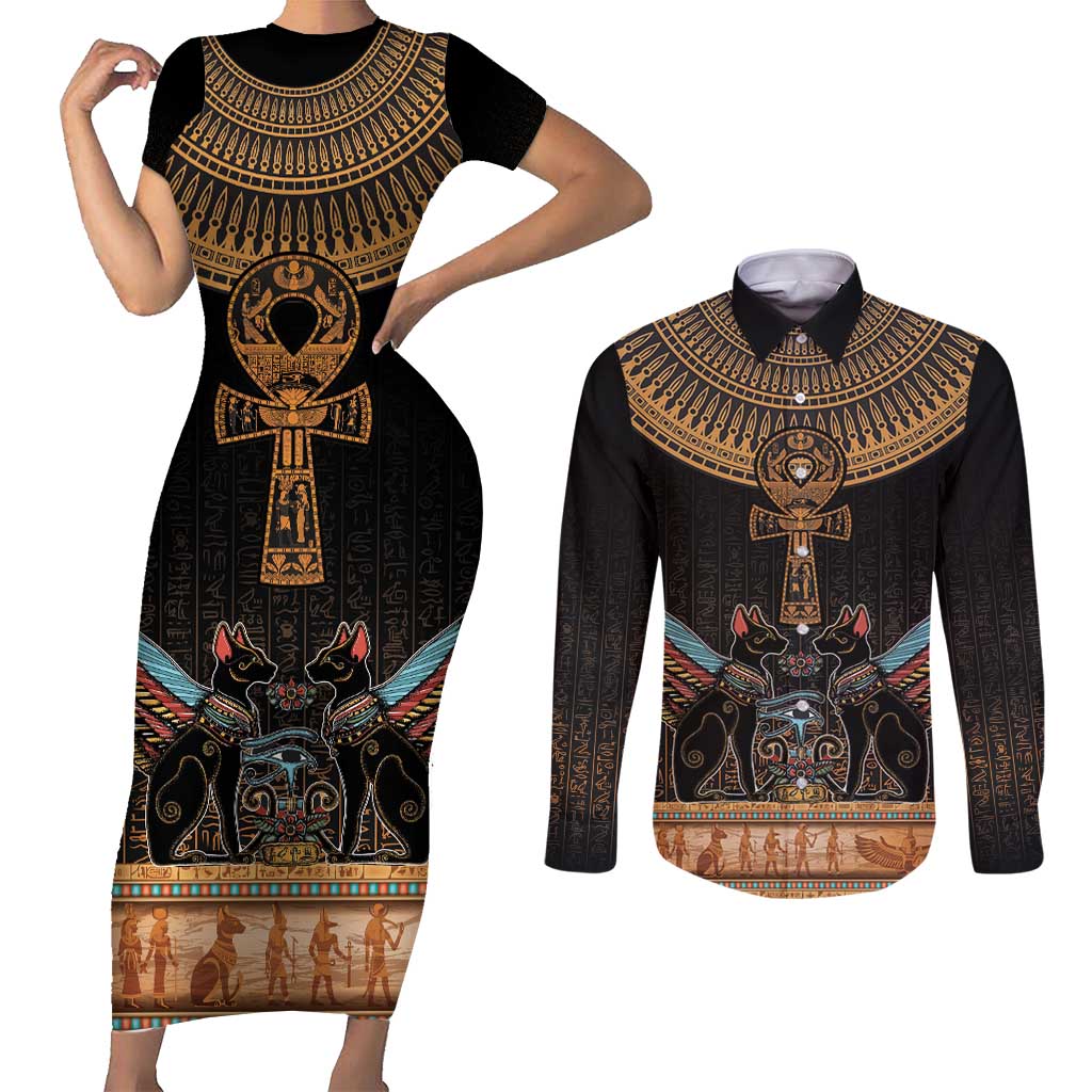 Ankh Egypt Couples Matching Short Sleeve Bodycon Dress and Long Sleeve Button Shirt Ankh Egyptian Hieroglyphs Alphabet