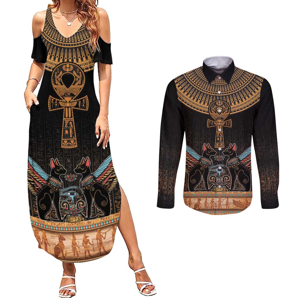 Ankh Egypt Couples Matching Summer Maxi Dress and Long Sleeve Button Shirt Ankh Egyptian Hieroglyphs Alphabet