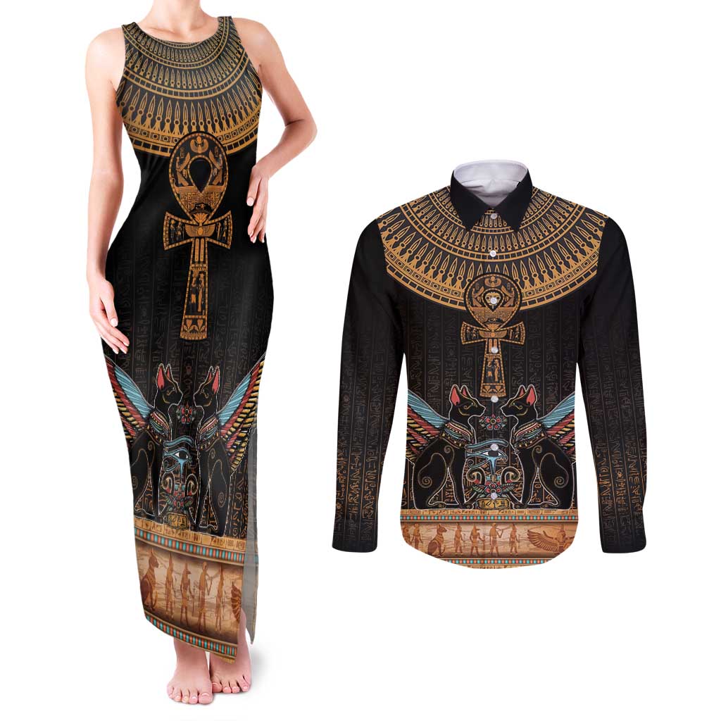 Ankh Egypt Couples Matching Tank Maxi Dress and Long Sleeve Button Shirt Ankh Egyptian Hieroglyphs Alphabet