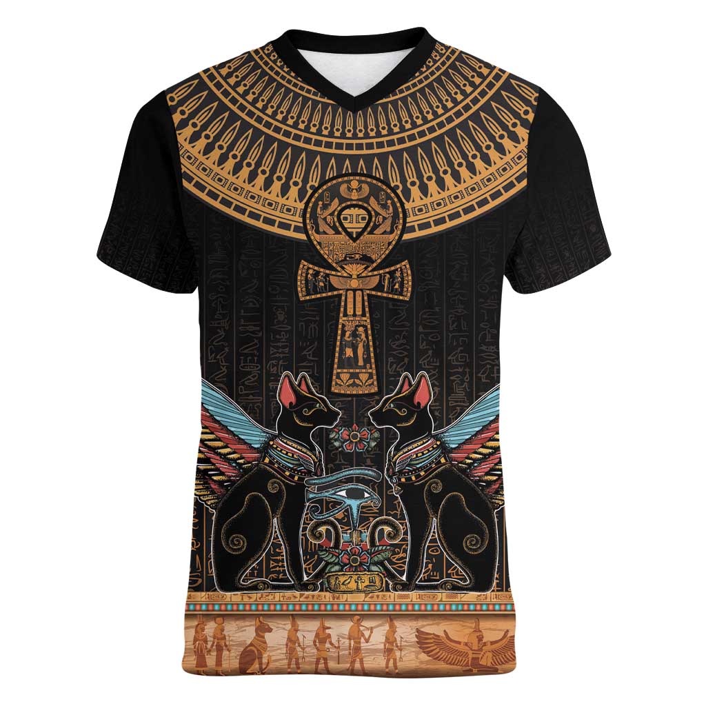 Ankh Egypt Women V-Neck T-Shirt Ankh Egyptian Hieroglyphs Alphabet