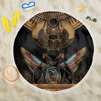 Round black beach blanket with gold Egyptian scarab beetle and hieroglyphs, white fringe