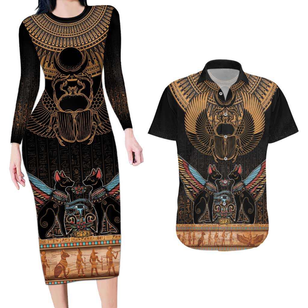 The Scarab Beetle Couples Matching Long Sleeve Bodycon Dress and Hawaiian Shirt Egyptian Hieroglyphs Alphabet