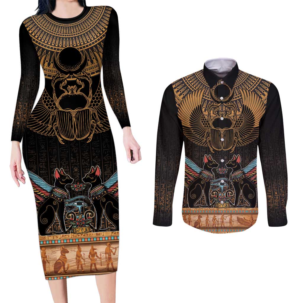 The Scarab Beetle Couples Matching Long Sleeve Bodycon Dress and Long Sleeve Button Shirt Egyptian Hieroglyphs Alphabet