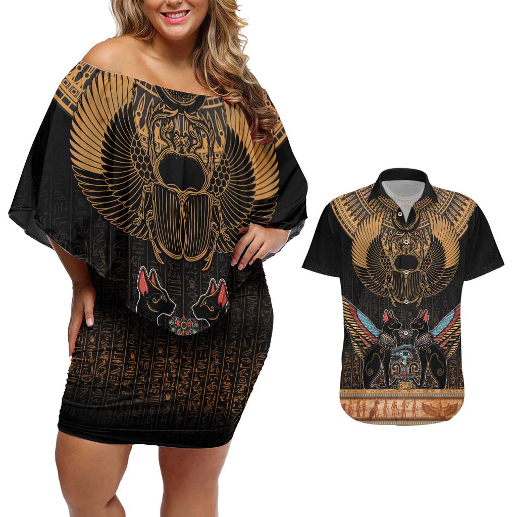 The Scarab Beetle Couples Matching Off Shoulder Short Dress and Hawaiian Shirt Egyptian Hieroglyphs Alphabet