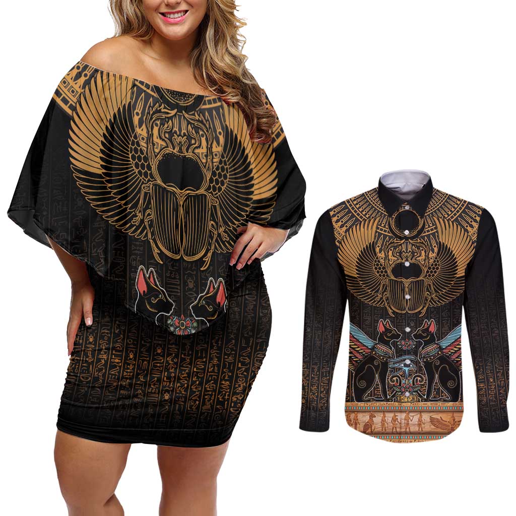 The Scarab Beetle Couples Matching Off Shoulder Short Dress and Long Sleeve Button Shirt Egyptian Hieroglyphs Alphabet