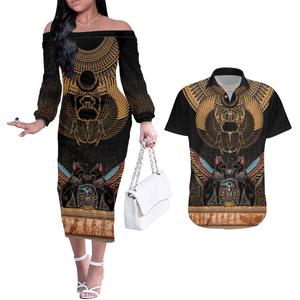 The Scarab Beetle Couples Matching Off The Shoulder Long Sleeve Dress and Hawaiian Shirt Egyptian Hieroglyphs Alphabet