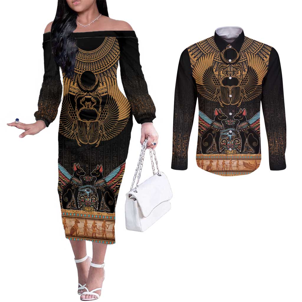 The Scarab Beetle Couples Matching Off The Shoulder Long Sleeve Dress and Long Sleeve Button Shirt Egyptian Hieroglyphs Alphabet