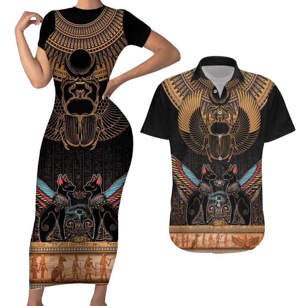 The Scarab Beetle Couples Matching Short Sleeve Bodycon Dress and Hawaiian Shirt Egyptian Hieroglyphs Alphabet