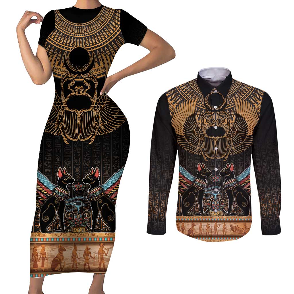 The Scarab Beetle Couples Matching Short Sleeve Bodycon Dress and Long Sleeve Button Shirt Egyptian Hieroglyphs Alphabet