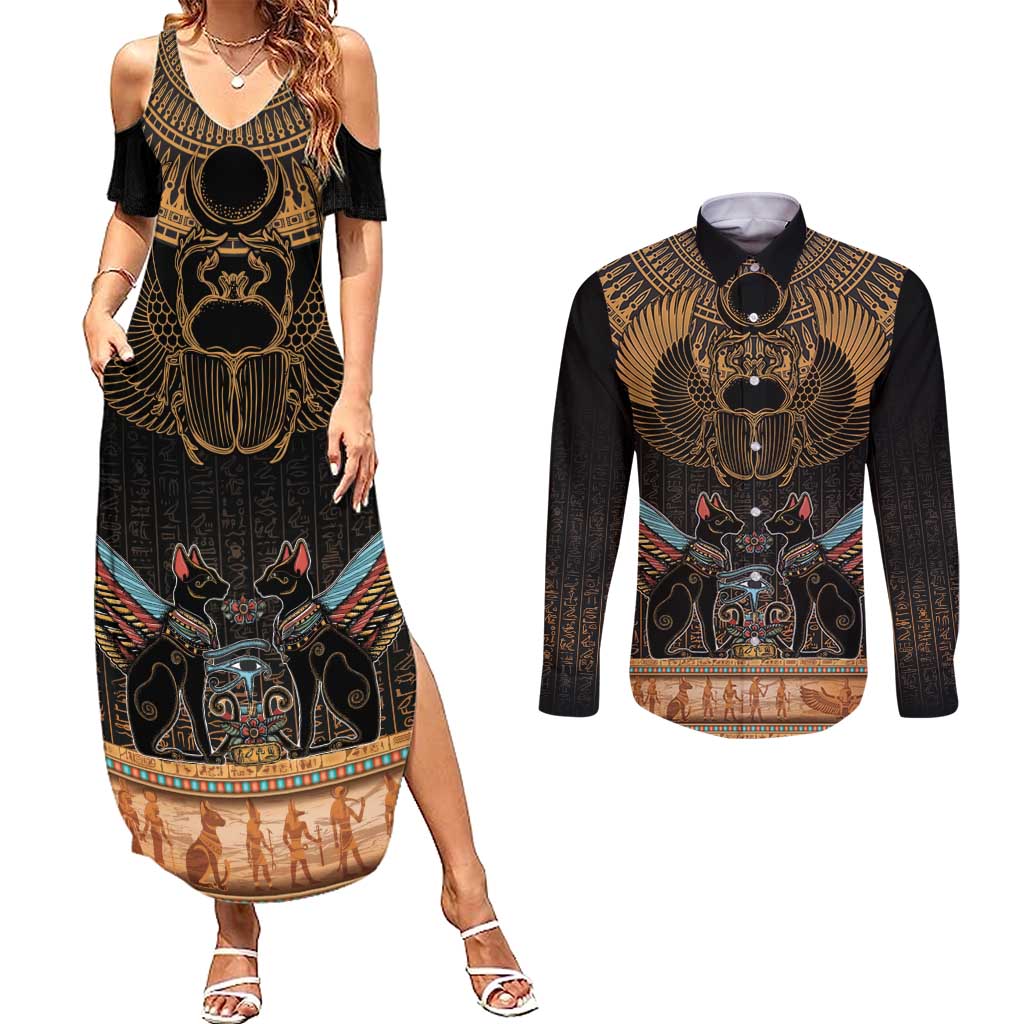 The Scarab Beetle Couples Matching Summer Maxi Dress and Long Sleeve Button Shirt Egyptian Hieroglyphs Alphabet