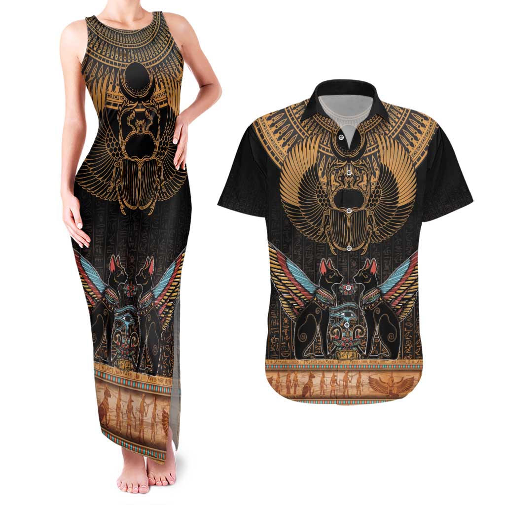 The Scarab Beetle Couples Matching Tank Maxi Dress and Hawaiian Shirt Egyptian Hieroglyphs Alphabet