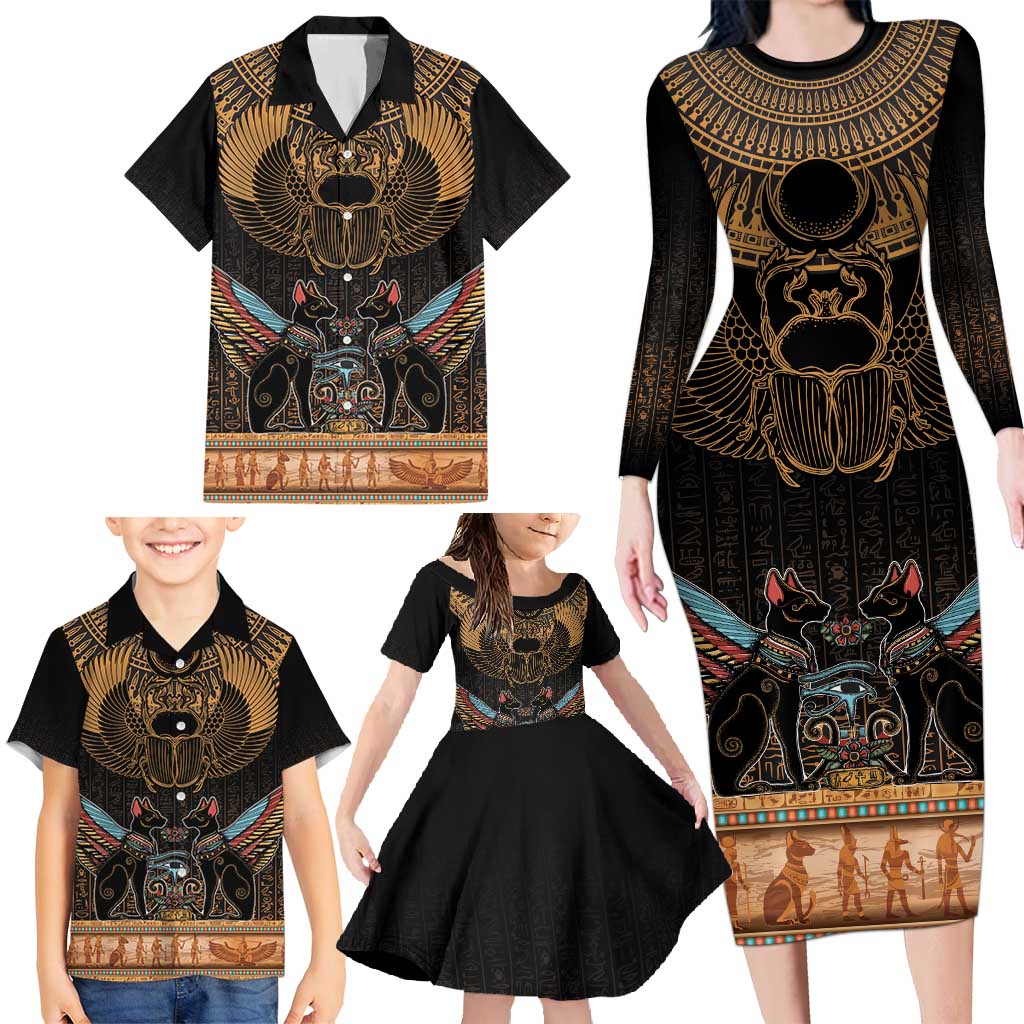 The Scarab Beetle Family Matching Long Sleeve Bodycon Dress and Hawaiian Shirt Egyptian Hieroglyphs Alphabet