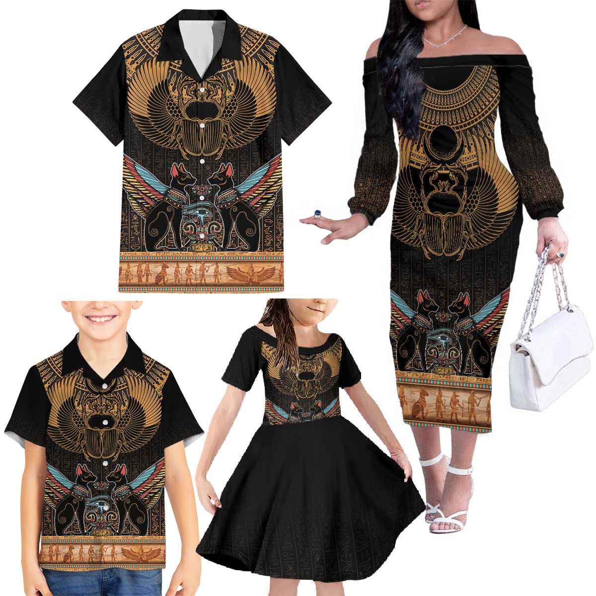 The Scarab Beetle Family Matching Off The Shoulder Long Sleeve Dress and Hawaiian Shirt Egyptian Hieroglyphs Alphabet