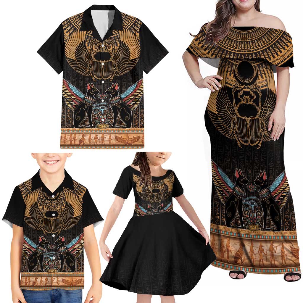 The Scarab Beetle Family Matching Off Shoulder Maxi Dress and Hawaiian Shirt Egyptian Hieroglyphs Alphabet