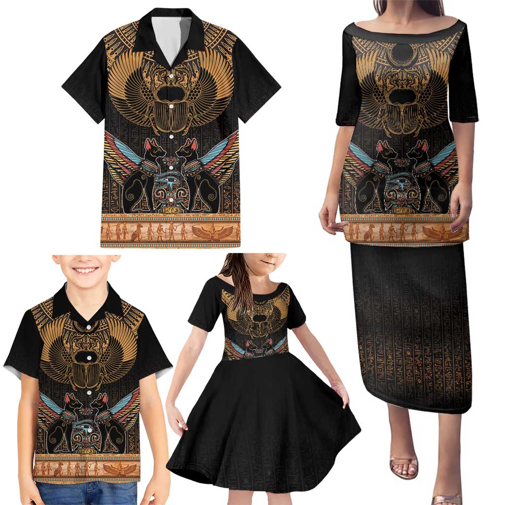 The Scarab Beetle Family Matching Puletasi and Hawaiian Shirt Egyptian Hieroglyphs Alphabet