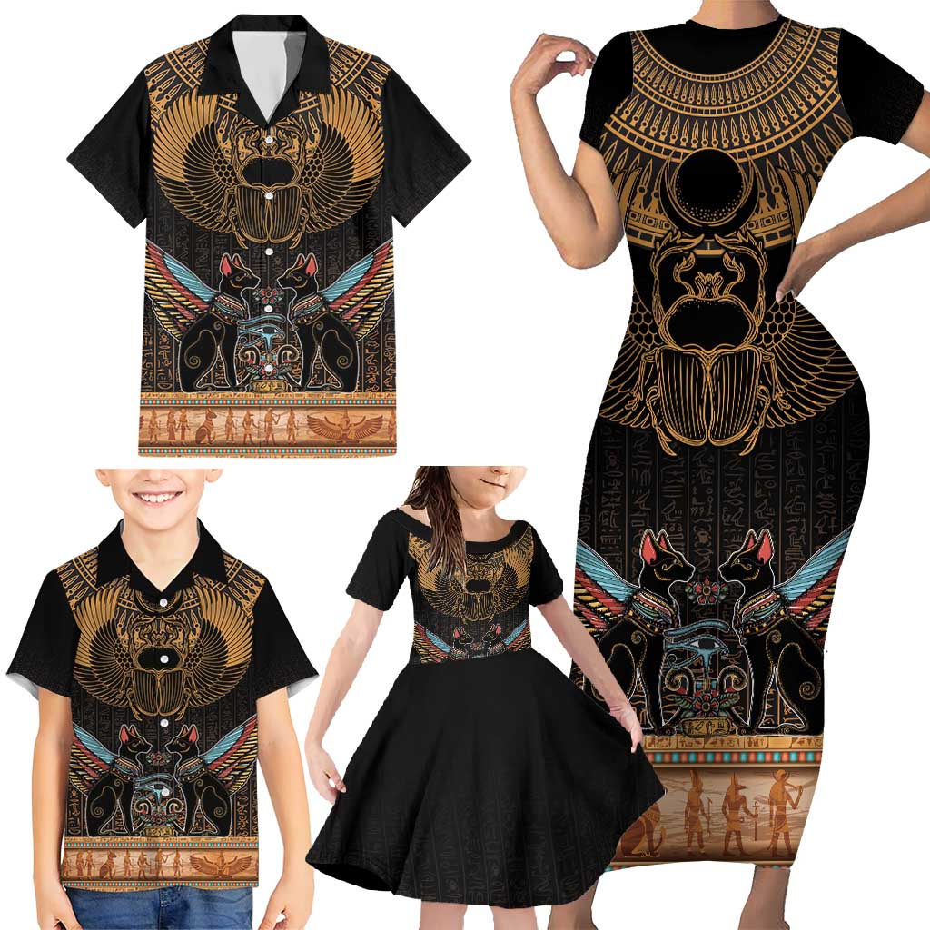 The Scarab Beetle Family Matching Short Sleeve Bodycon Dress and Hawaiian Shirt Egyptian Hieroglyphs Alphabet