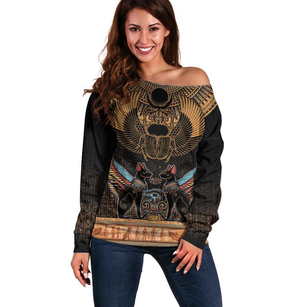 The Scarab Beetle Off Shoulder Sweater Egyptian Hieroglyphs Alphabet