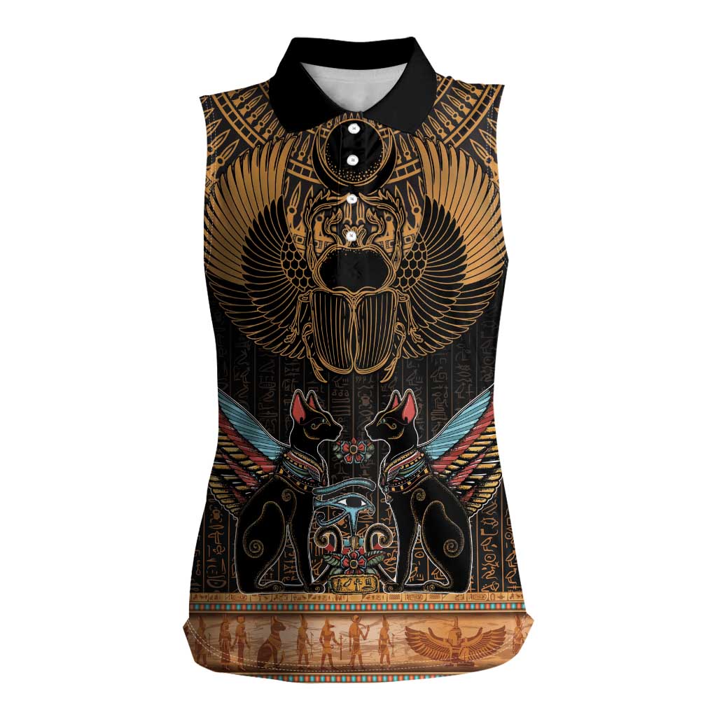 The Scarab Beetle Women Sleeveless Polo Shirt Egyptian Hieroglyphs Alphabet