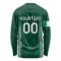 Green long-sleeve rugby shirt back with custom text and number 00, white side trims