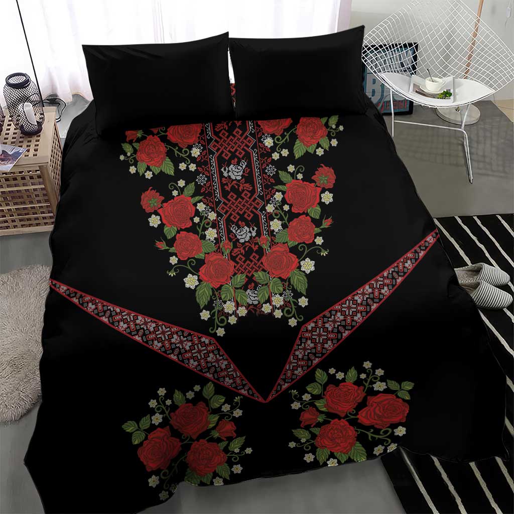 Black duvet cover and pillow set with red rose floral embroidery and patterned V border