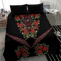 Black duvet cover and pillow set with red rose floral embroidery and patterned V border