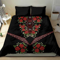 Black bedding set featuring red rose floral embroidery and detailed geometric border