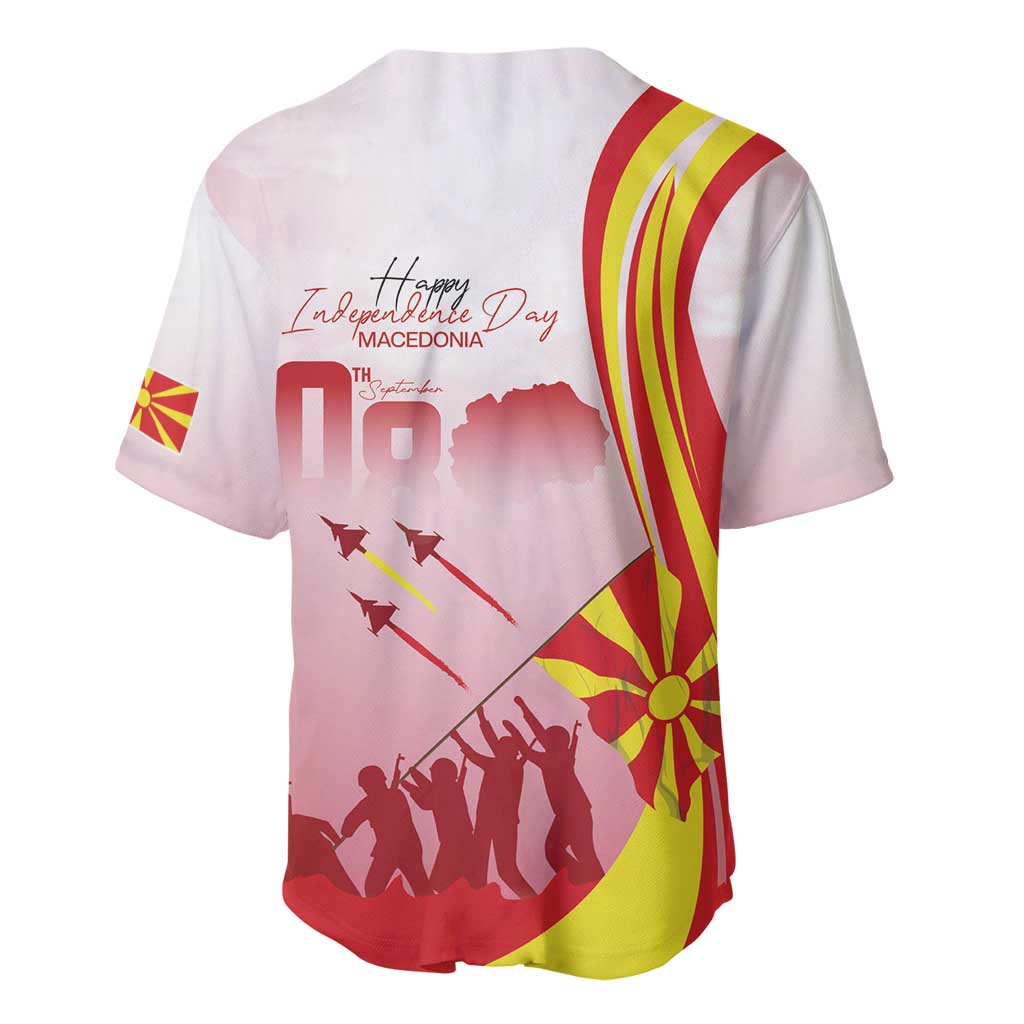 Red baseball jersey with V-neck buttons, Macedonian flag stripe print and Independence Day text