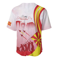 Red baseball jersey with V-neck buttons, Macedonian flag stripe print and Independence Day text