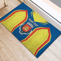 Personalized rubber doormat with blue sporty layout, crest center and YOUR TEXT