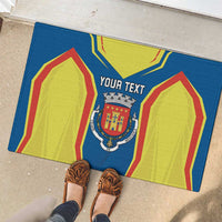 Personalized rubber doormat, blue sporty graphic with crest, yellow panels, red edging