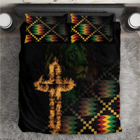 Black duvet with lion face, flame cross, and multicolor zigzag geometric pillows