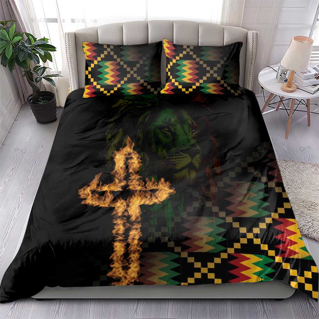Black bedding set with lion face, flame cross, and colorful geometric accent pillows
