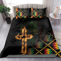 Black bedding set with lion face, flame cross, and colorful geometric accent pillows