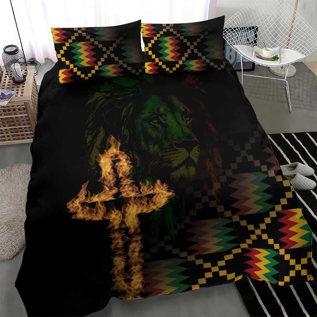 Black duvet and pillow set with lion art, flame cross, and multicolor geometric pattern