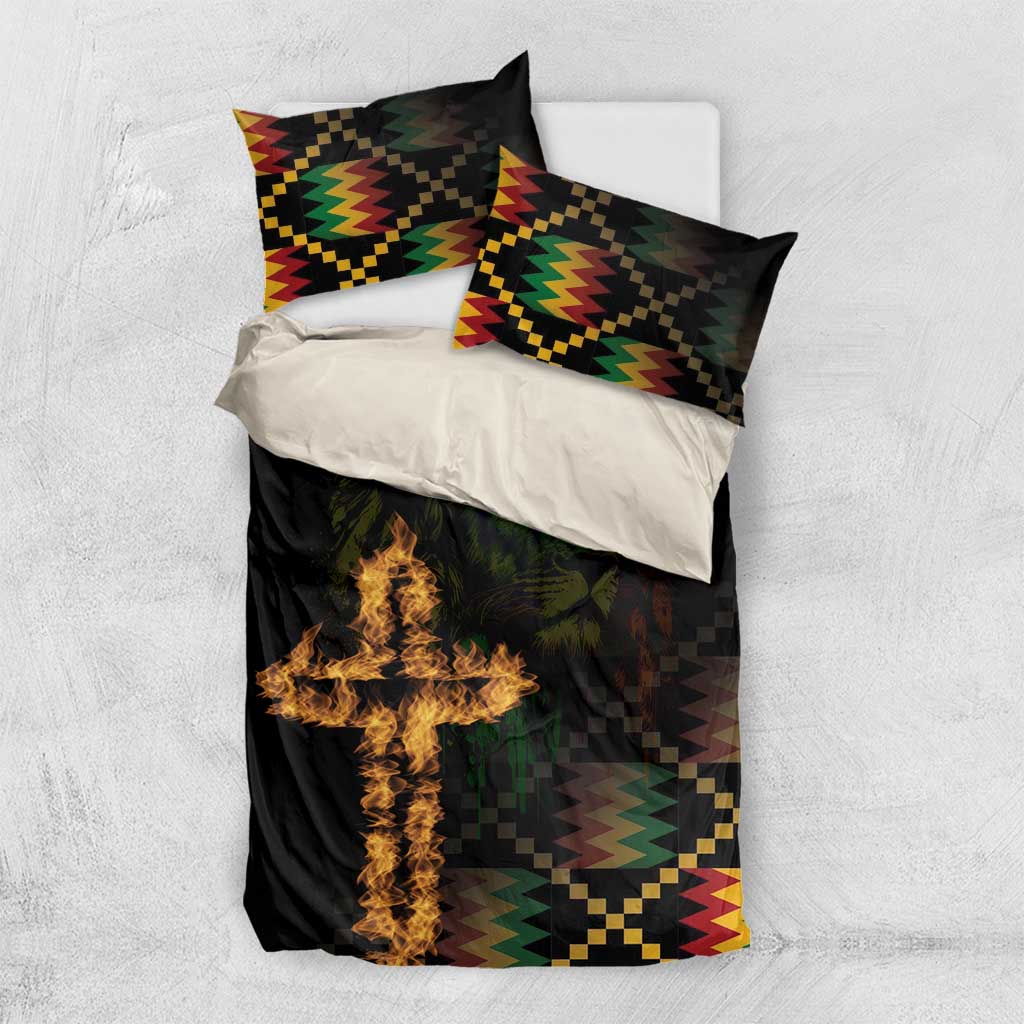 Black duvet bedding set with flame cross, lion face print, and colorful geometric pillowcases