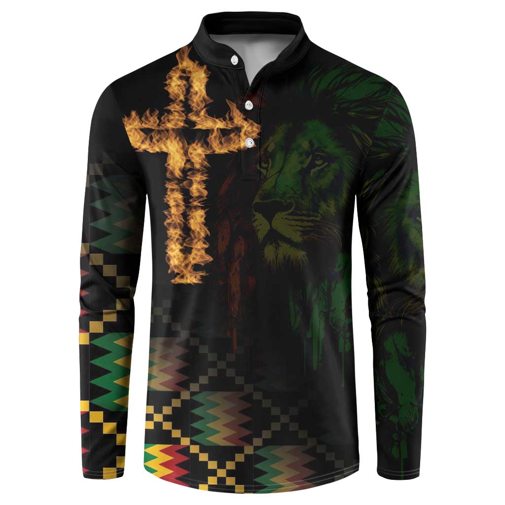 Black long-sleeve button-front sweatshirt with lion face and fiery cross design
