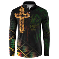 Black long-sleeve button-front sweatshirt with lion face and fiery cross design
