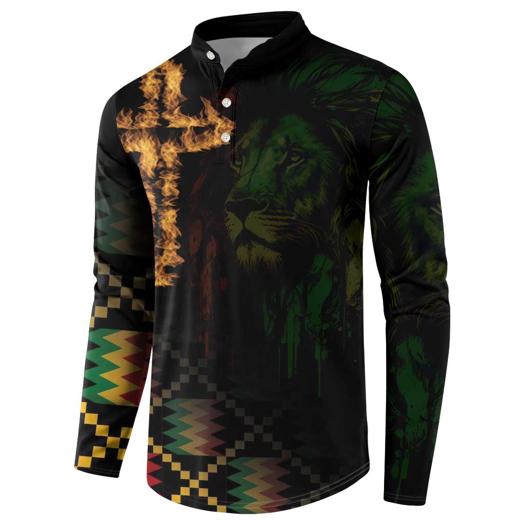 Black long-sleeve button sweatshirt with lion and cross graphic, multicolor trim
