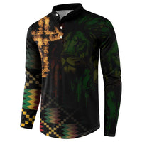Black long-sleeve button sweatshirt with lion and cross graphic, multicolor trim