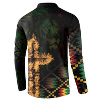 Black long-sleeve button sweatshirt, back graphic with lion head and checkered pattern